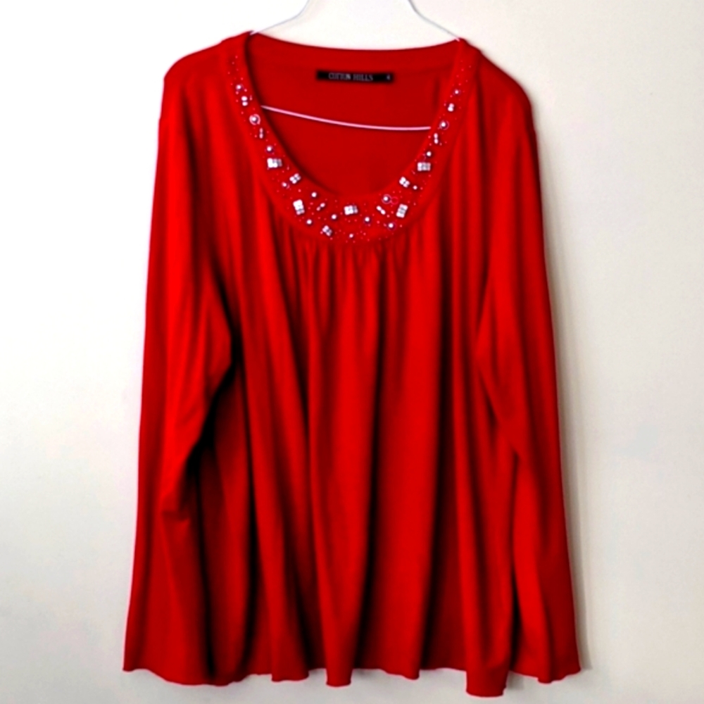 🫶🏼Vintage Designer Cotton Hills Long Sleeve 3D-Embellished Red Top XL